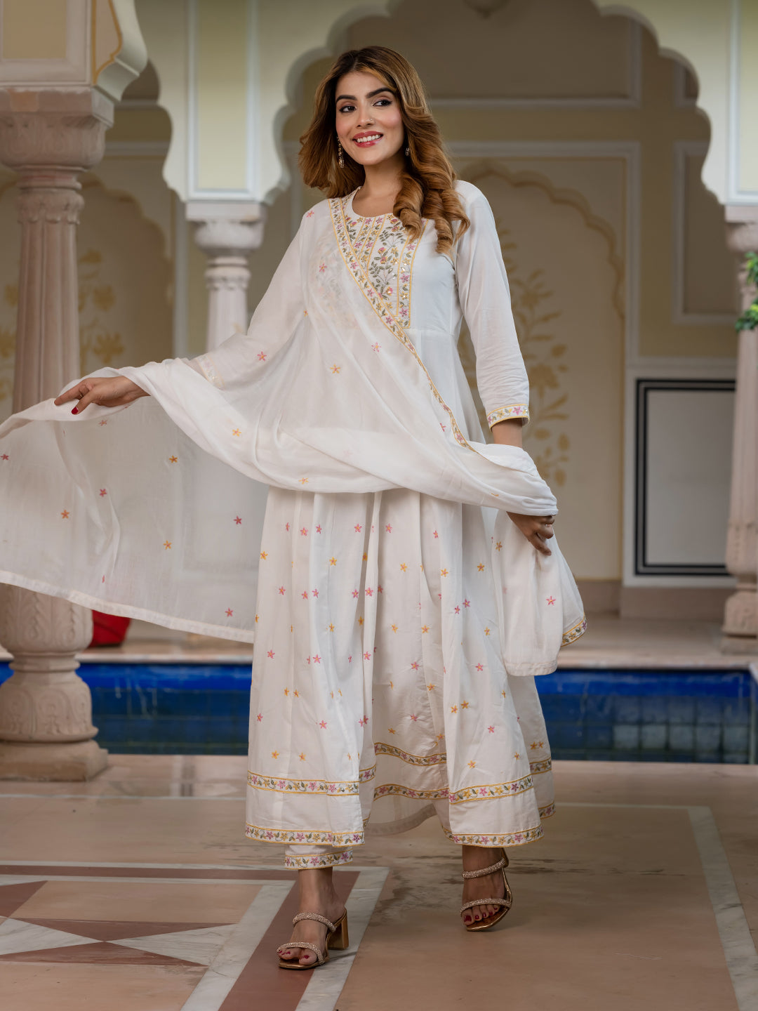 Jaitpuriya Women White Pure Cotton Anarkali Kurta Bottom Dupatta set