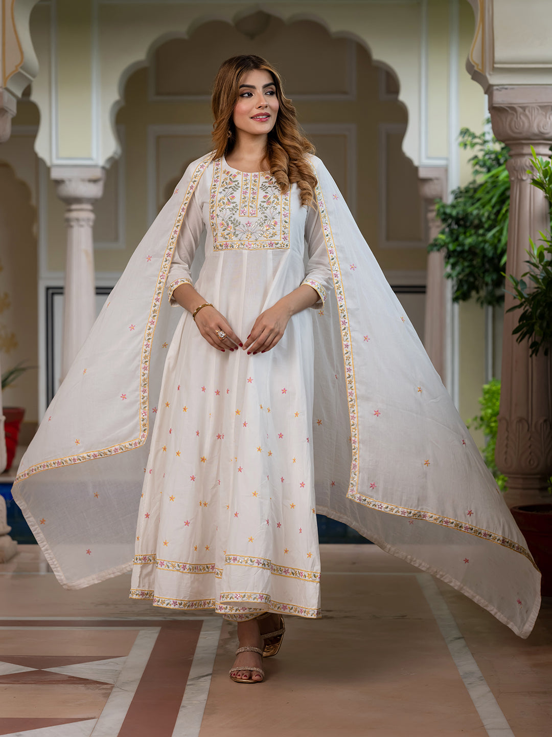 Jaitpuriya Women White Pure Cotton Anarkali Kurta Bottom Dupatta set