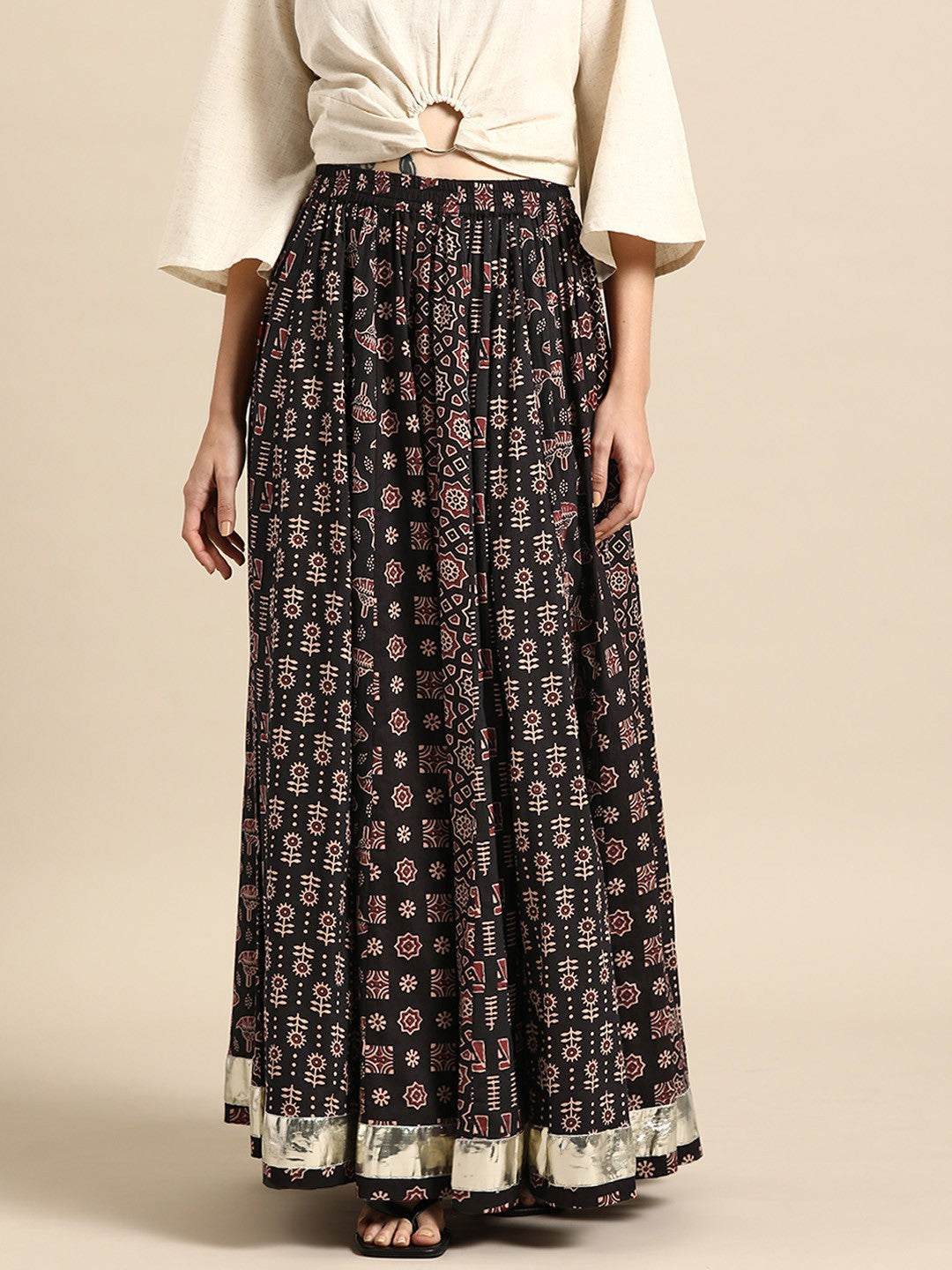 Black Printed Cotton A-Line Flared Maxi Skirt