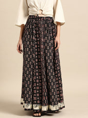 Black Printed Cotton A-Line Flared Maxi Skirt