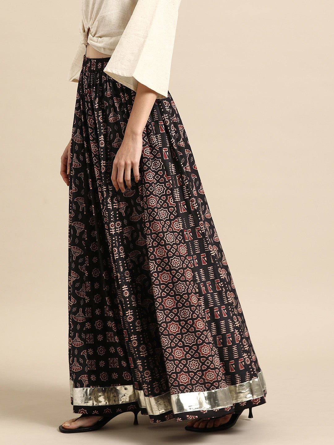 Black Printed Cotton A-Line Flared Maxi Skirt