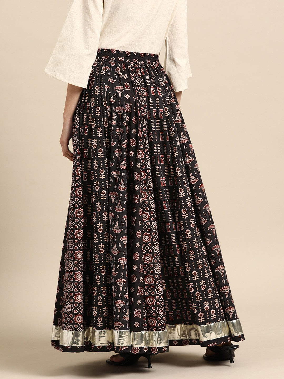 Black Printed Cotton A-Line Flared Maxi Skirt