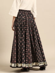 Black Printed Cotton A-Line Flared Maxi Skirt