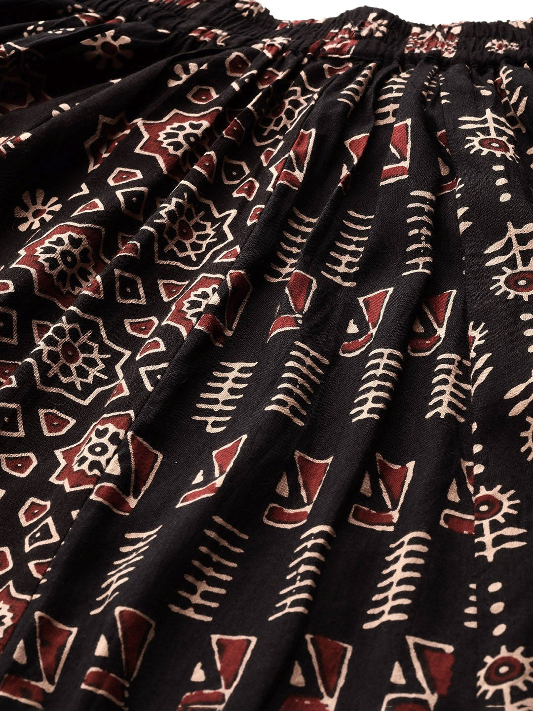 Black Printed Cotton A-Line Flared Maxi Skirt