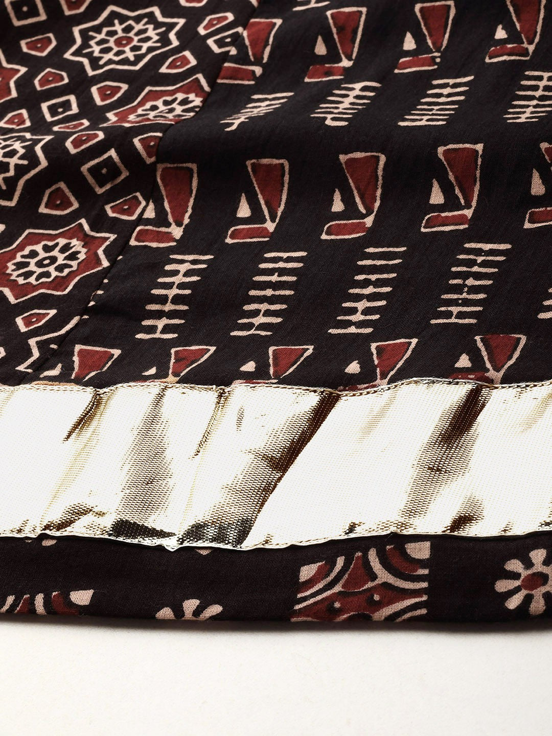 Black Printed Cotton A-Line Flared Maxi Skirt