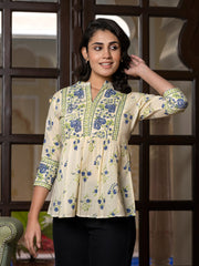 Jaitpuriya Women Blue And Off White Floral Print Peplum Tops
