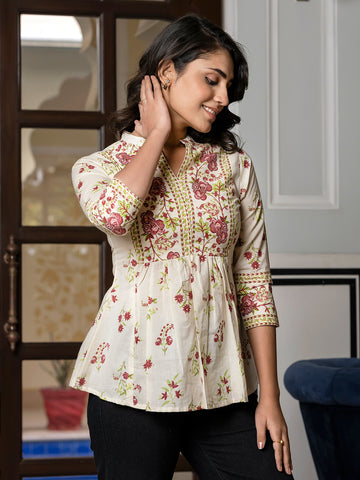 Jaitpuriya Women Brown And Off White Floral Print Peplum TOP