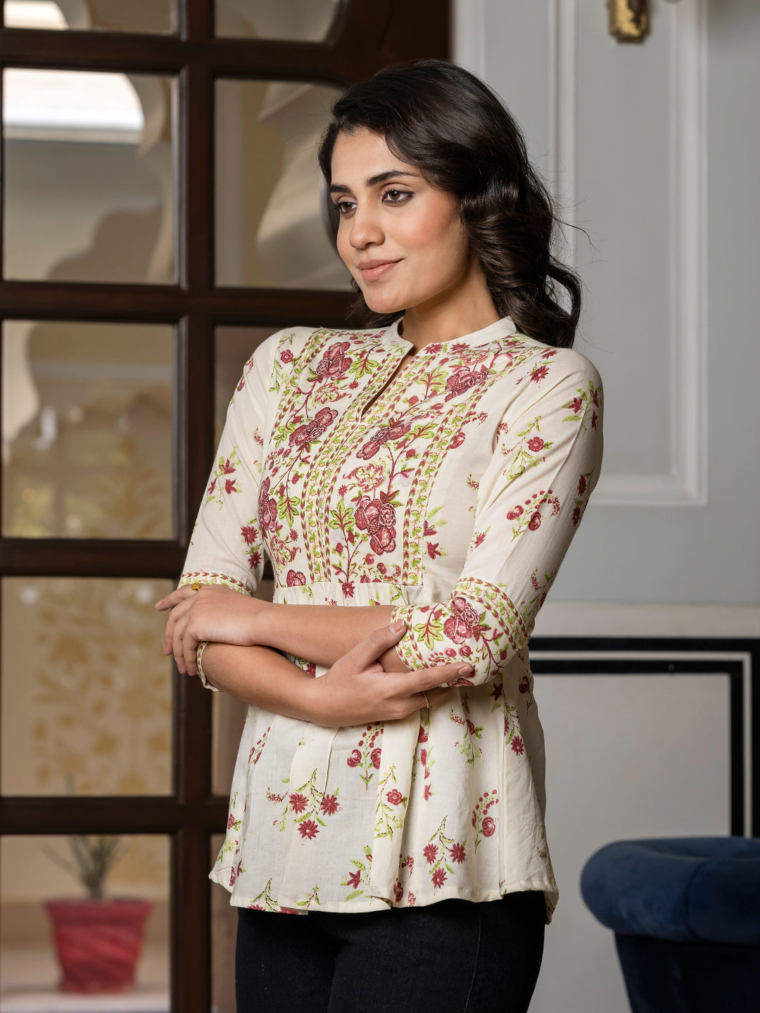 Jaitpuriya Women Brown And Off White Floral Print Peplum TOP