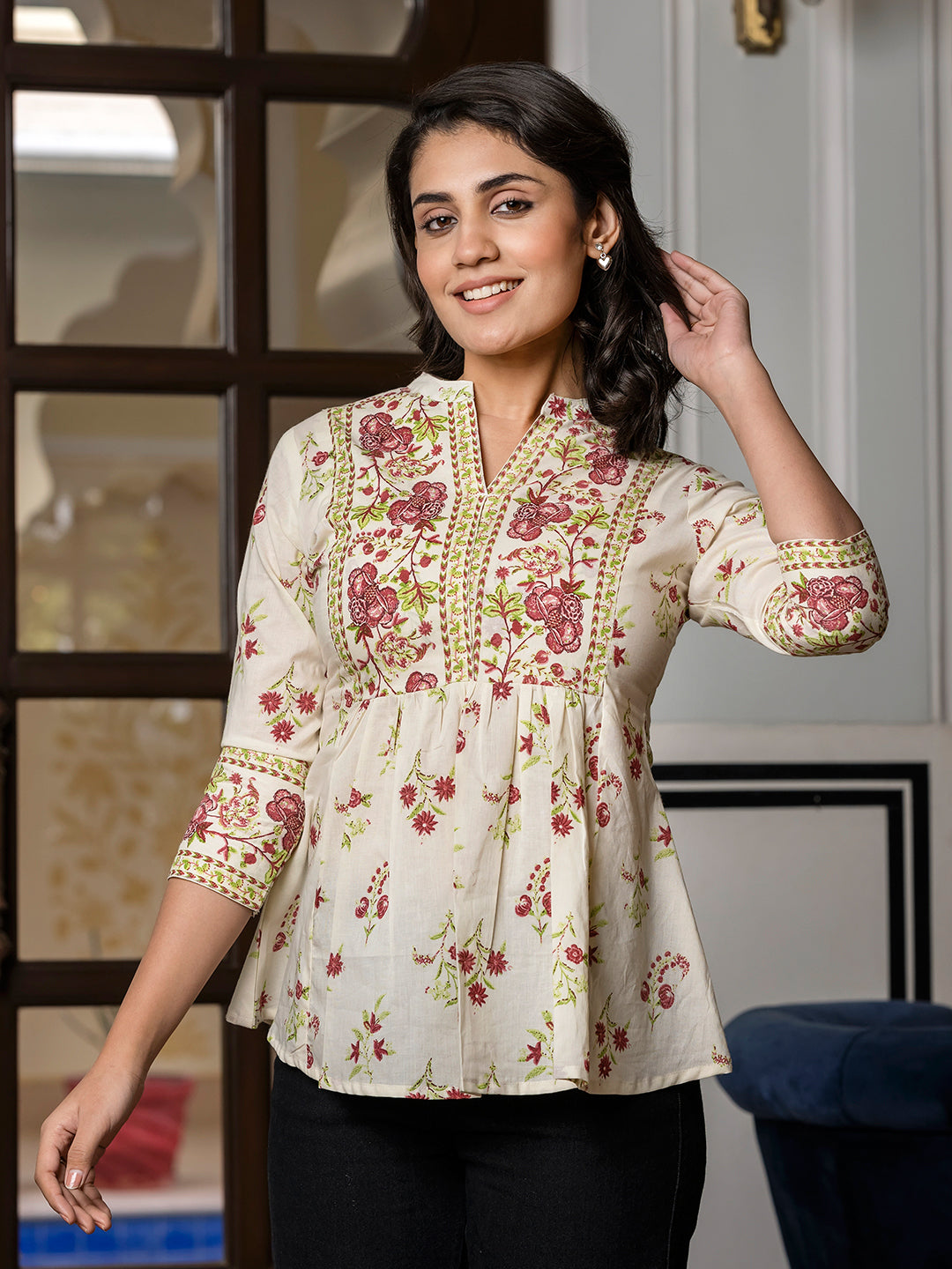 Jaitpuriya Women Brown And Off White Floral Print Peplum TOP