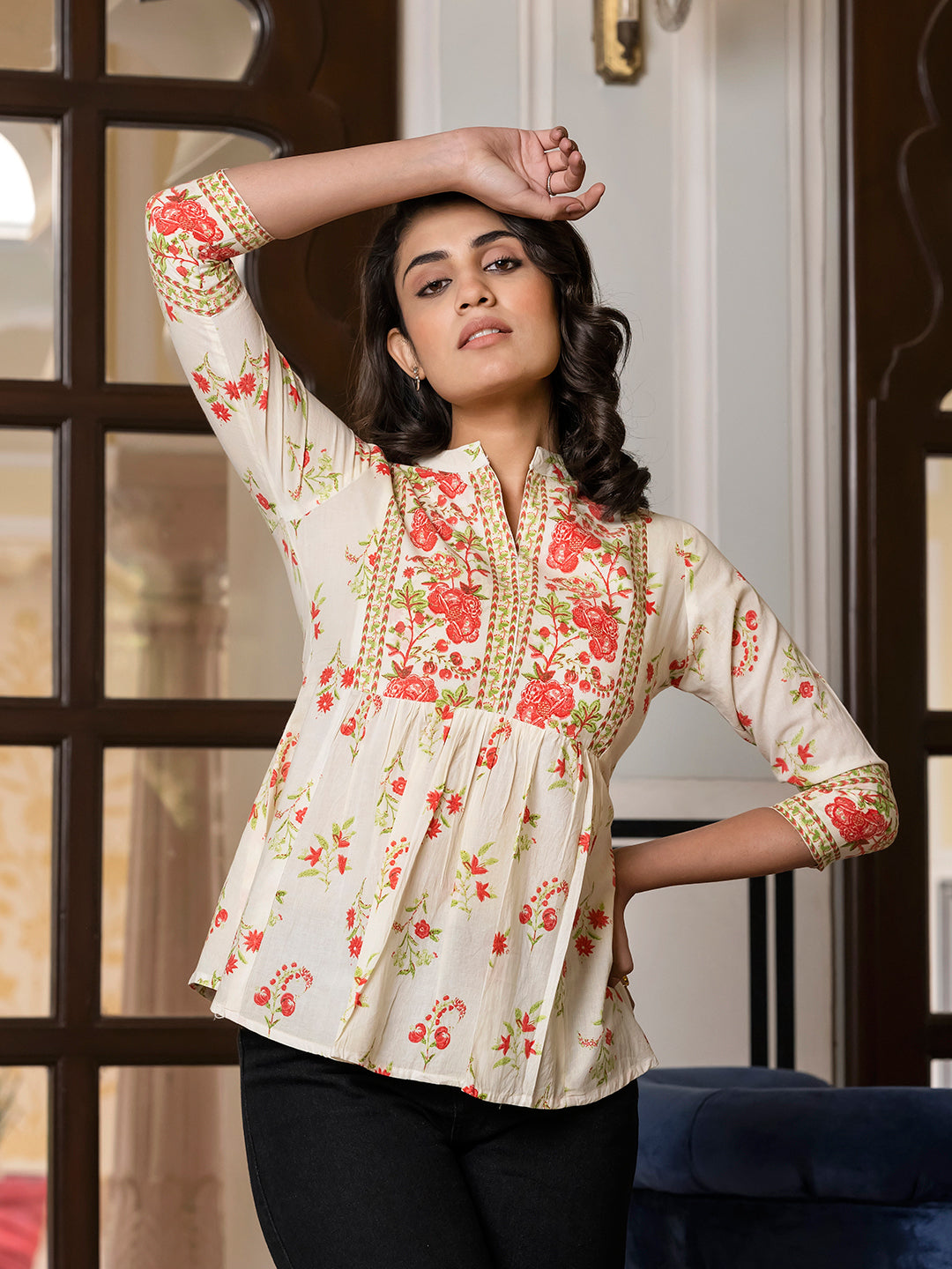 Jaitpuriya Women Orange And Off White Floral Print Peplum TOP