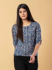 Jaitpuriya Women Blue And Beage Cotton Ragular Top