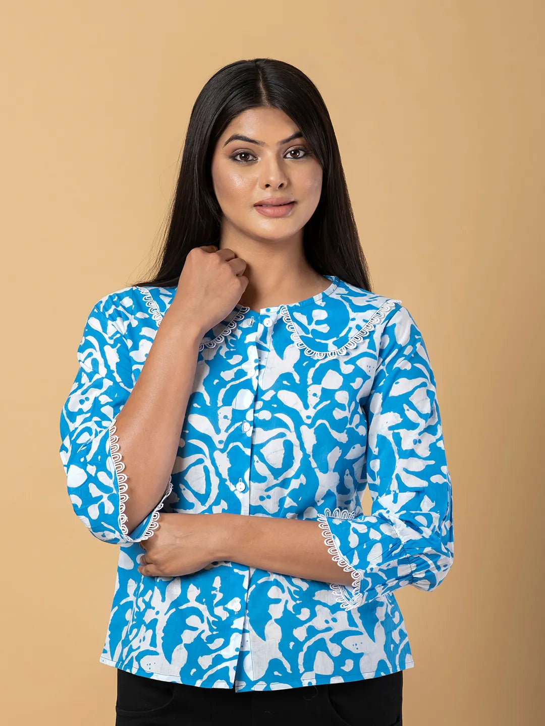 Jaitpuriya Women Turquoise Cotton Shrit Top
