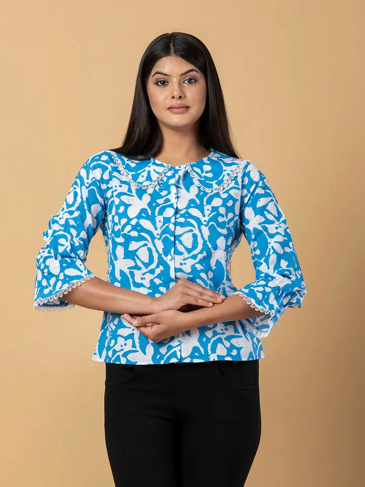Jaitpuriya Women Turquoise Cotton Shrit Top
