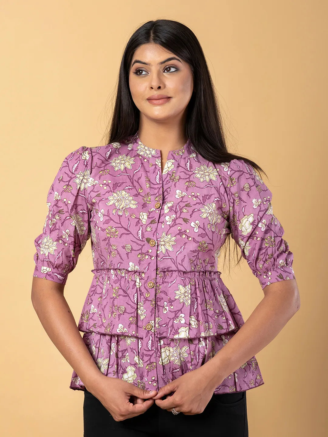 Jaitpuriya Women Mauve Cotton Shrit Top