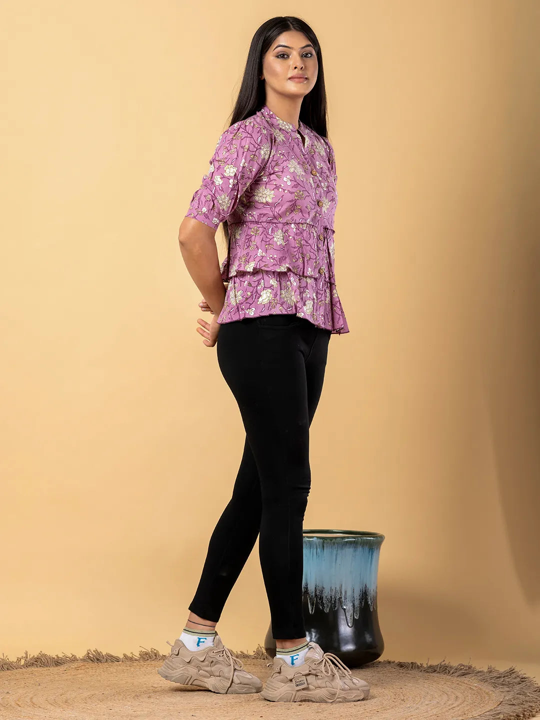 Jaitpuriya Women Mauve Cotton Shrit Top