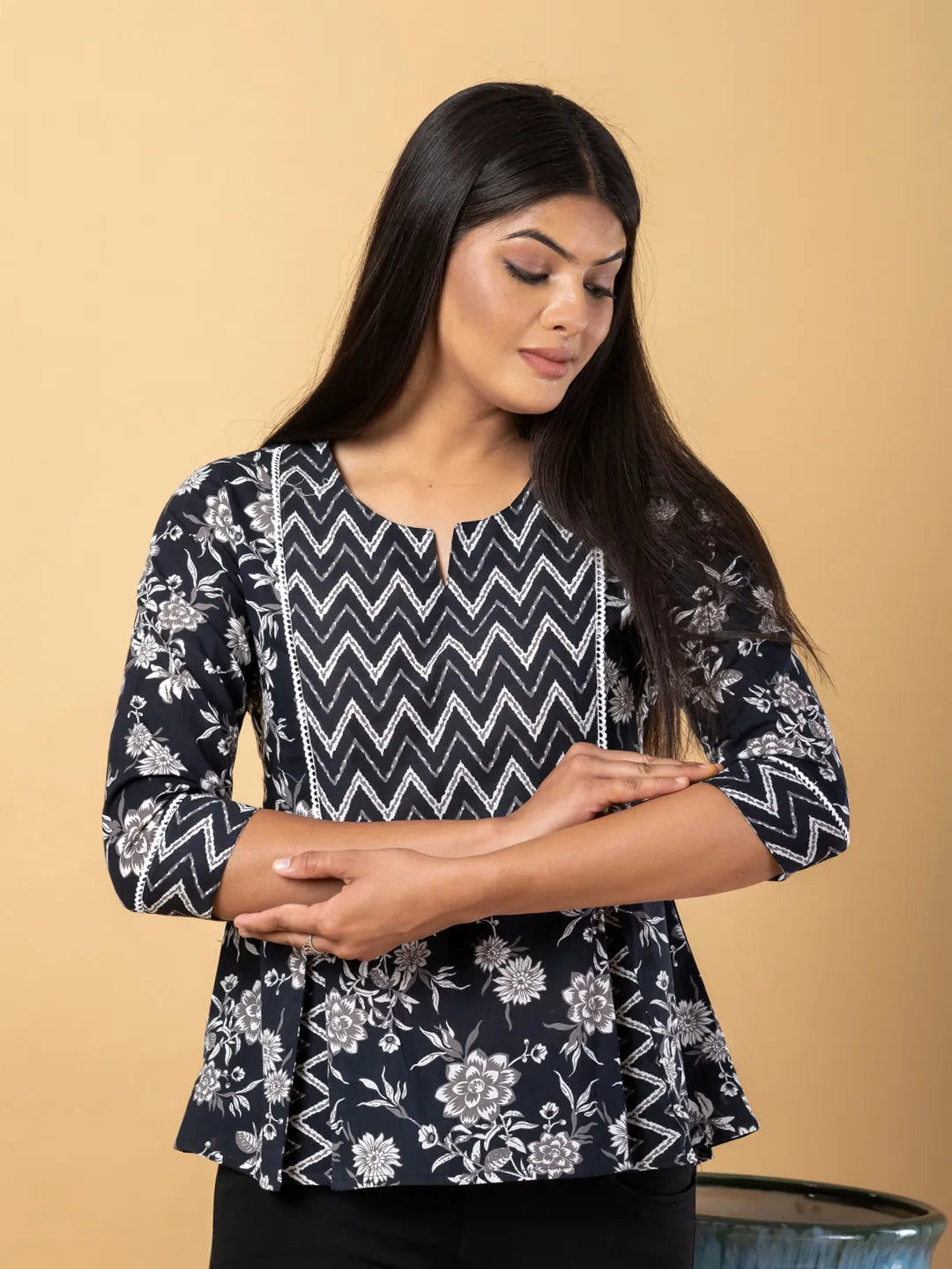 Jaitpuriya Women Black Cotton Cinched Waist Top