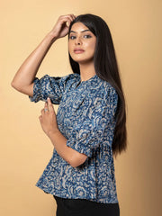 Jaitpuriya Women Blue And Beage Cotton Peplum Top