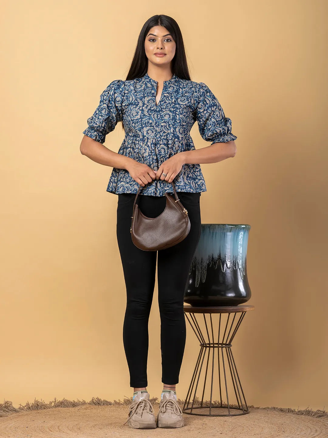 Jaitpuriya Women Blue And Beage Cotton Peplum Top