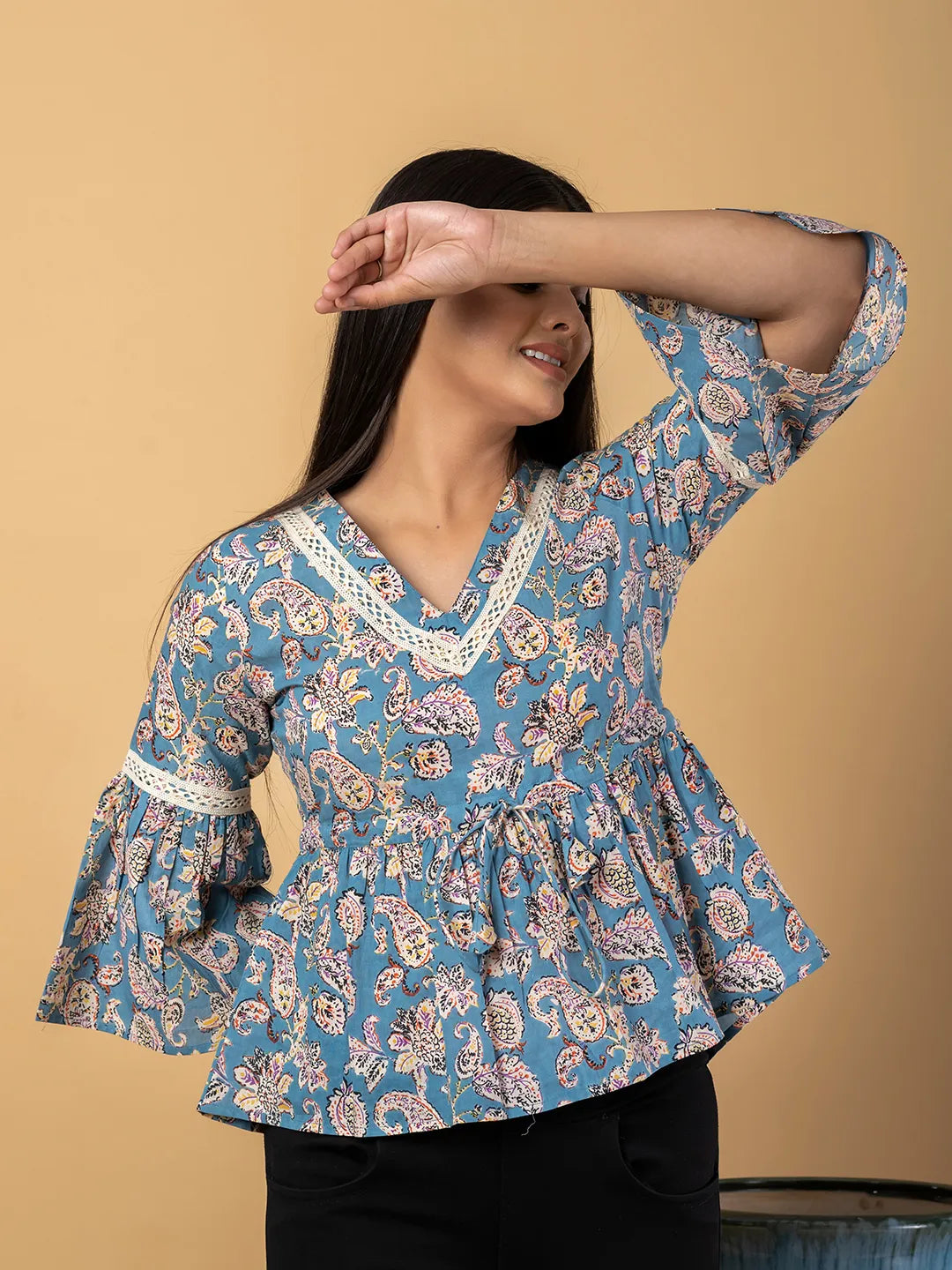 Jaitpuriya Women Sky Blue Cotton Peplum Top