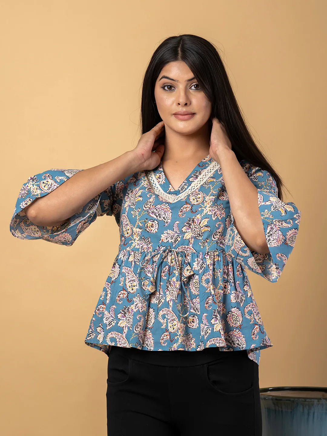 Jaitpuriya Women Sky Blue Cotton Peplum Top