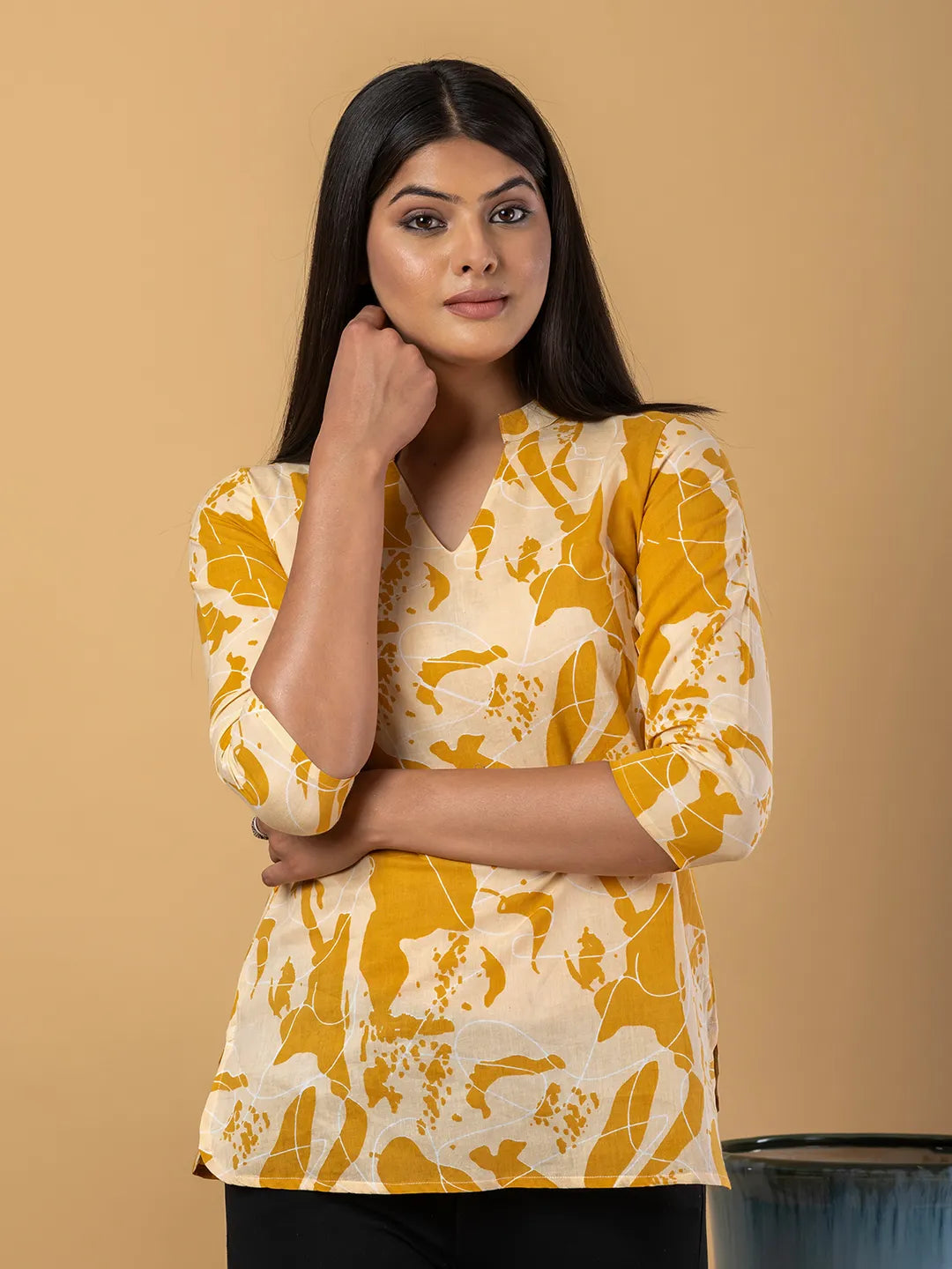 Jaitpuriya Women Mustard Cotton Ragular Top