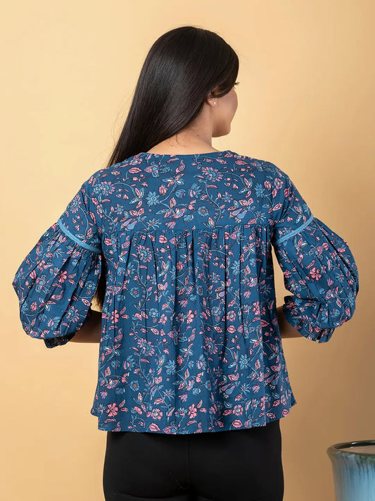 Jaitpuriya Women Teal Blue Cotton Cinched Waist Top