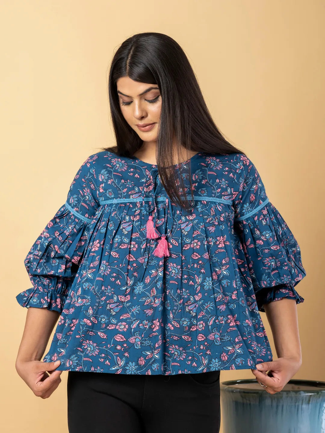 Jaitpuriya Women Teal Blue Cotton Cinched Waist Top