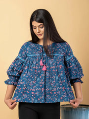 Jaitpuriya Women Teal Blue Cotton Cinched Waist Top