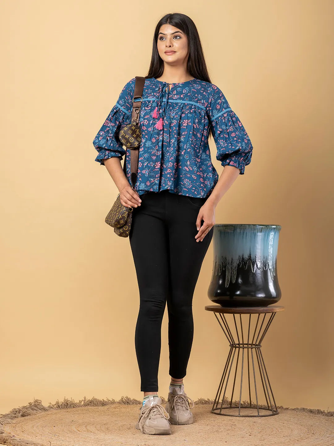 Jaitpuriya Women Teal Blue Cotton Cinched Waist Top
