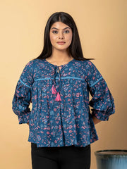 Jaitpuriya Women Teal Blue Cotton Cinched Waist Top