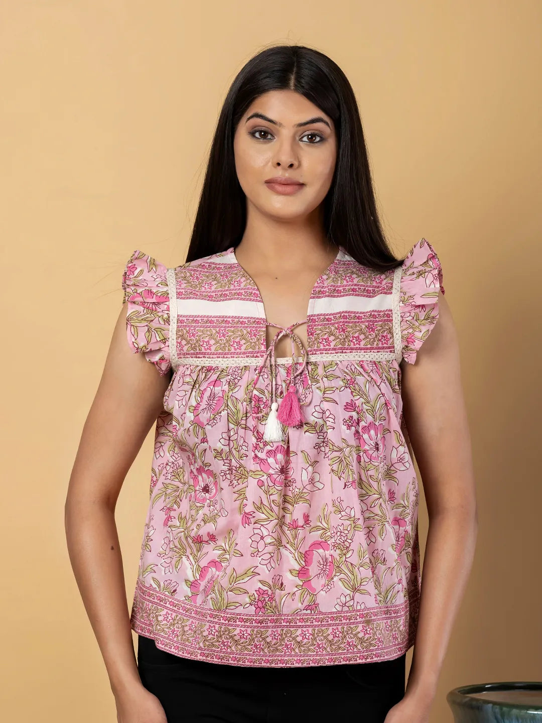 Jaitpuriya Women Baby Pink Cotton Peplum Top