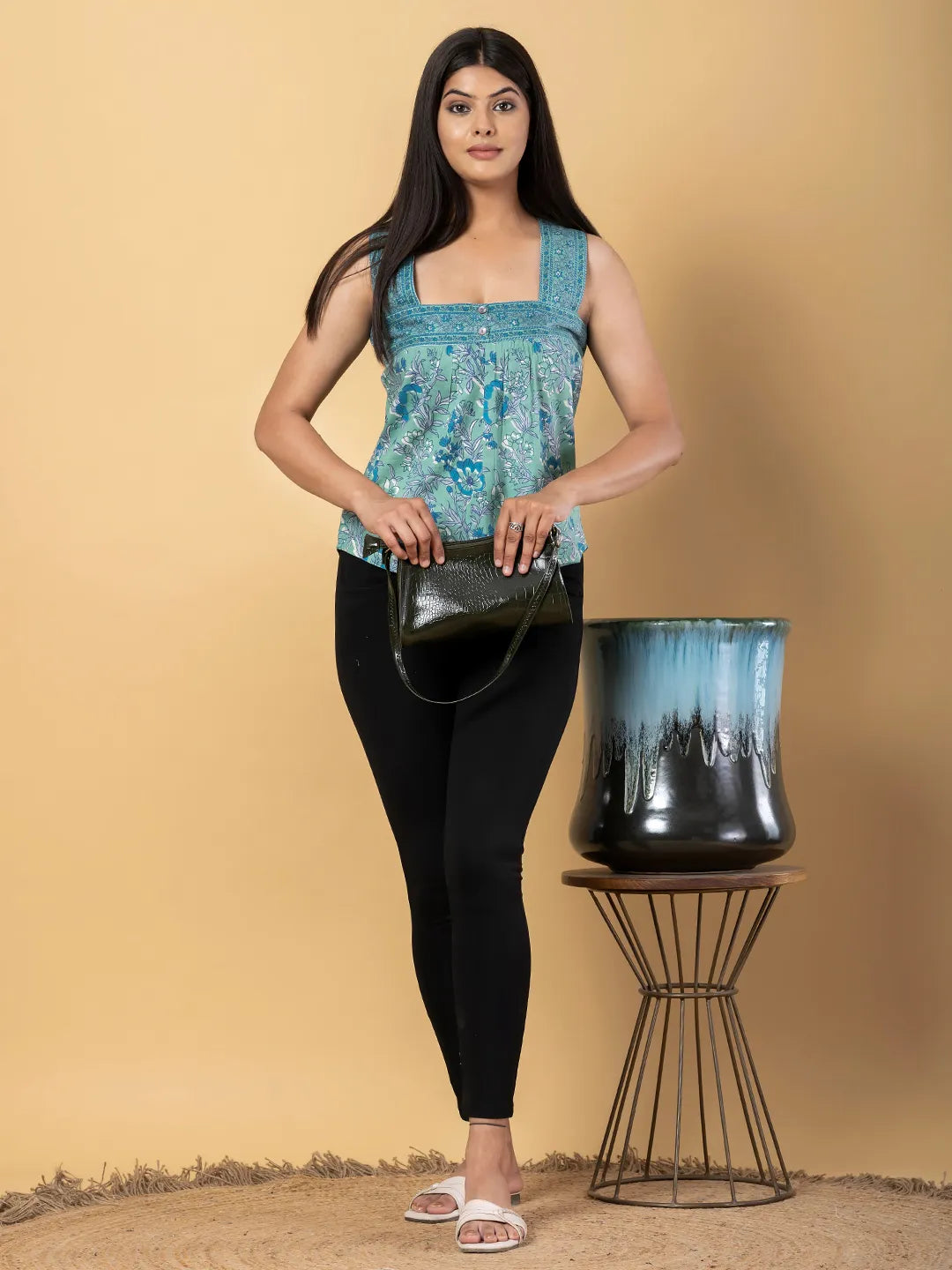 Jaitpuriya Women Teal Blue Cotton Styled Back Top