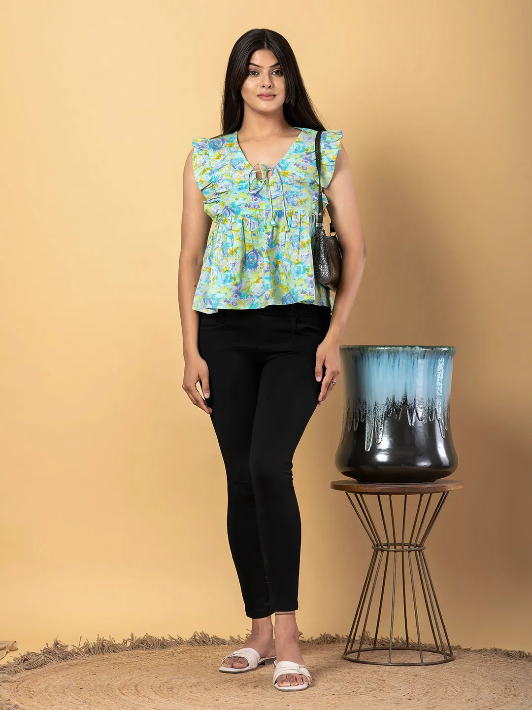 Jaitpuriya Women Sea Green Cotton Empire Top