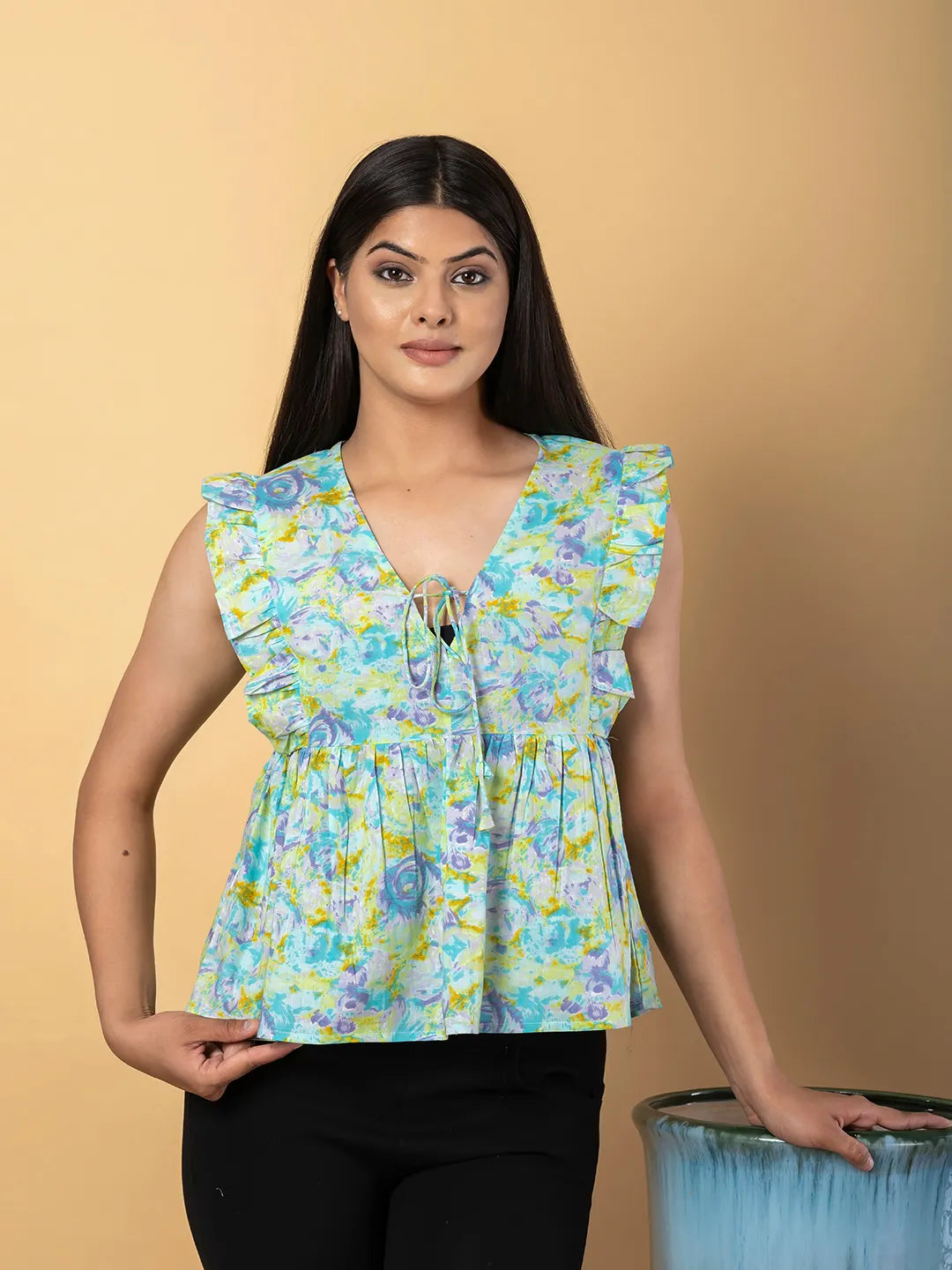 Jaitpuriya Women Sea Green Cotton Empire Top