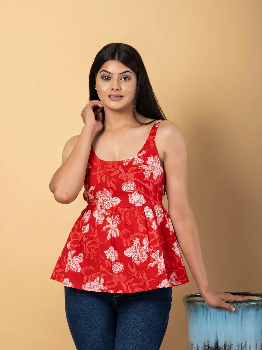 Jaitpuriya Women Red Cotton Peplum Top