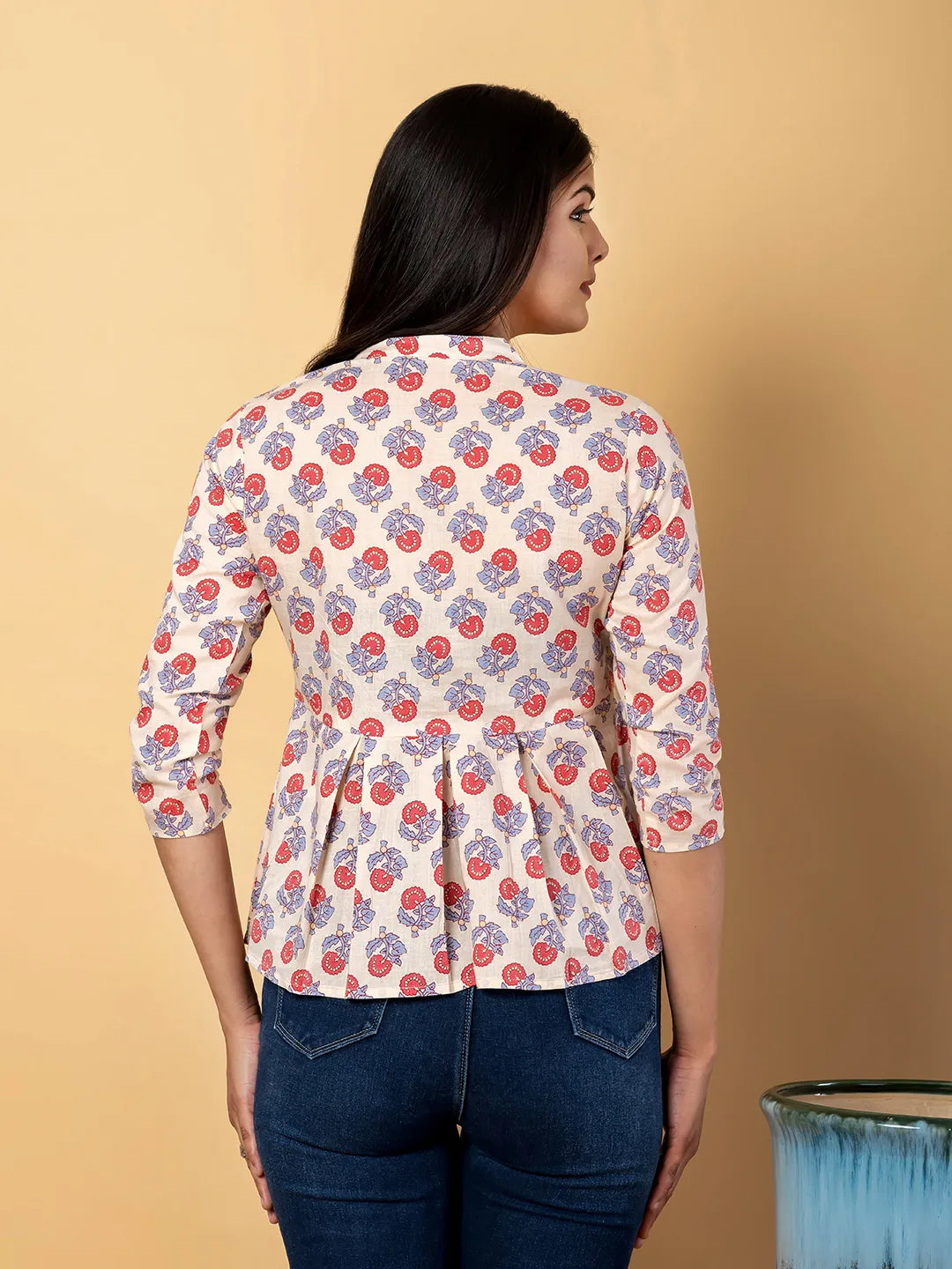 Jaitpuriya Women Cream Cotton Ragular Top