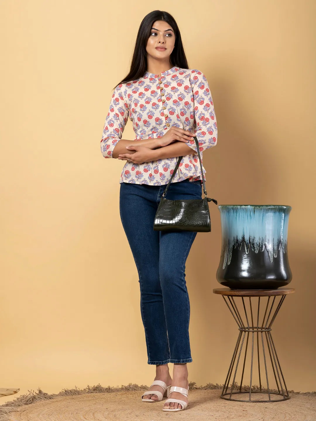 Jaitpuriya Women Cream Cotton Ragular Top