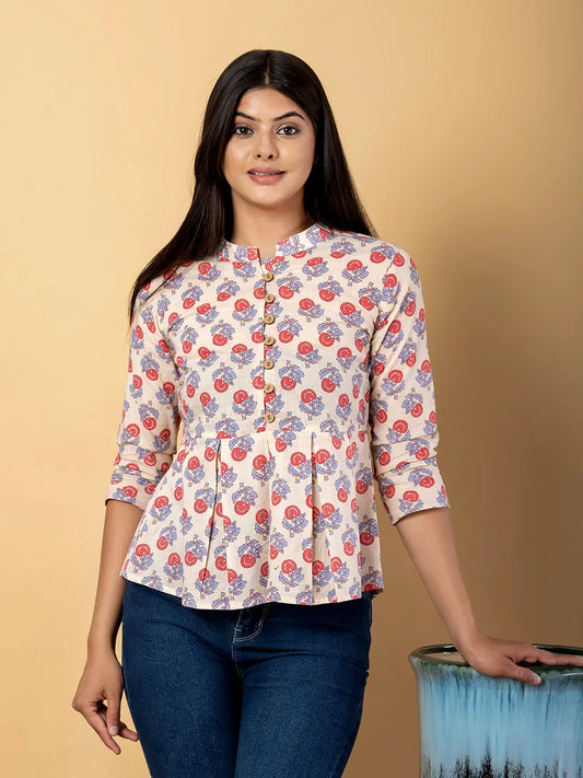 Jaitpuriya Women Cream Cotton Ragular Top