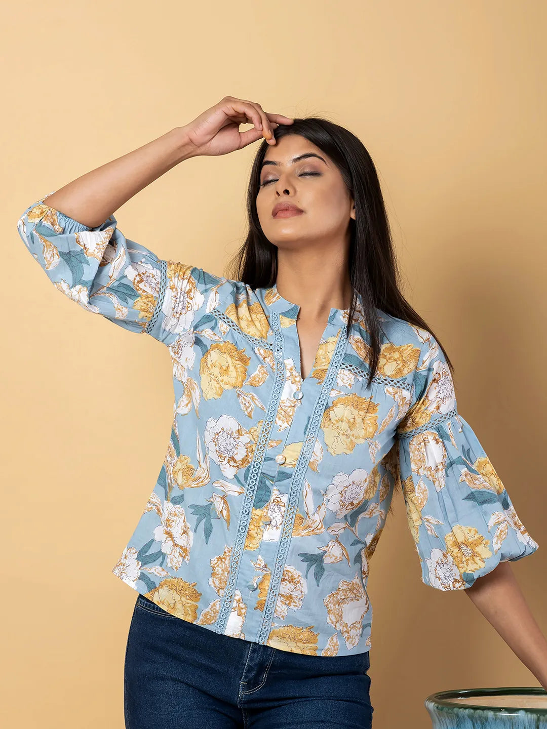 Jaitpuriya Women Sky Blue Cotton Ragular Top