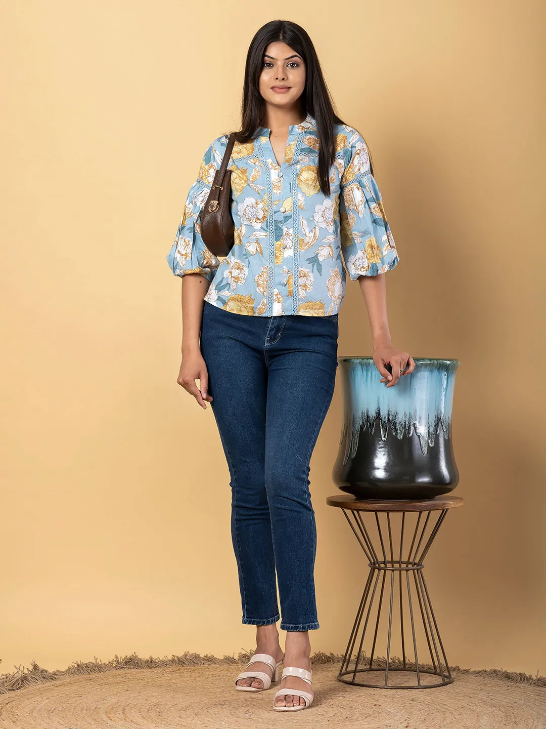 Jaitpuriya Women Sky Blue Cotton Ragular Top