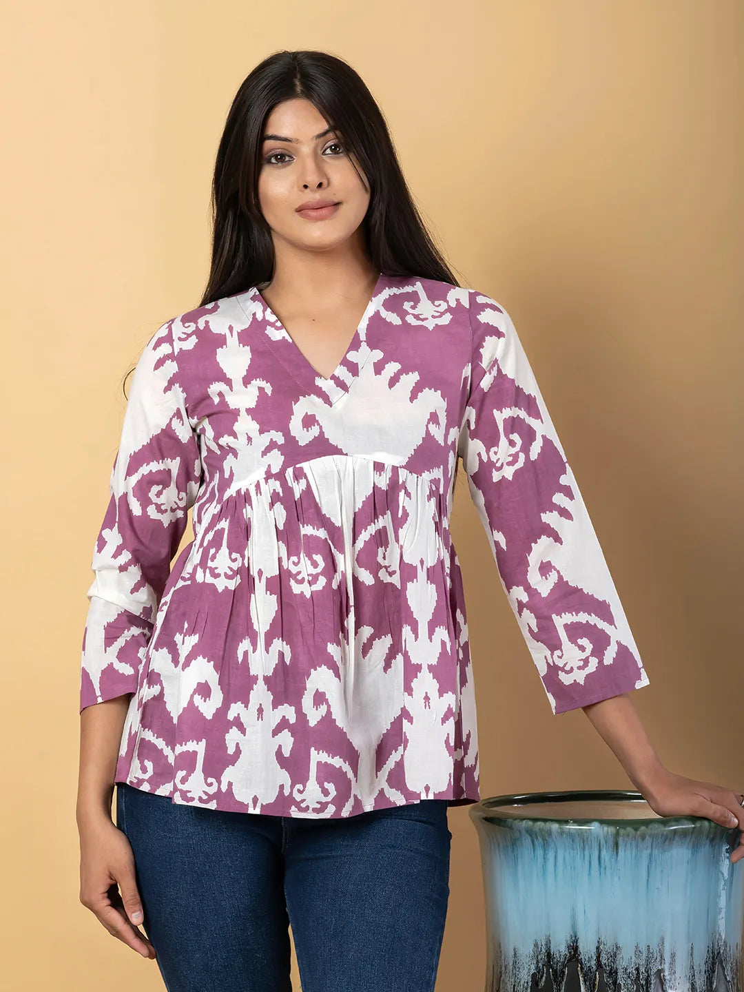 Jaitpuriya Women Mauve And White Cotton Peplum Top