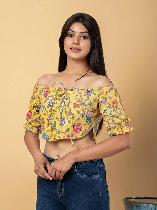 Jaitpuriya Women Mustard Cotton Bardot Top