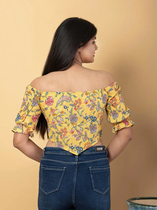 Jaitpuriya Women Mustard Cotton Bardot Top