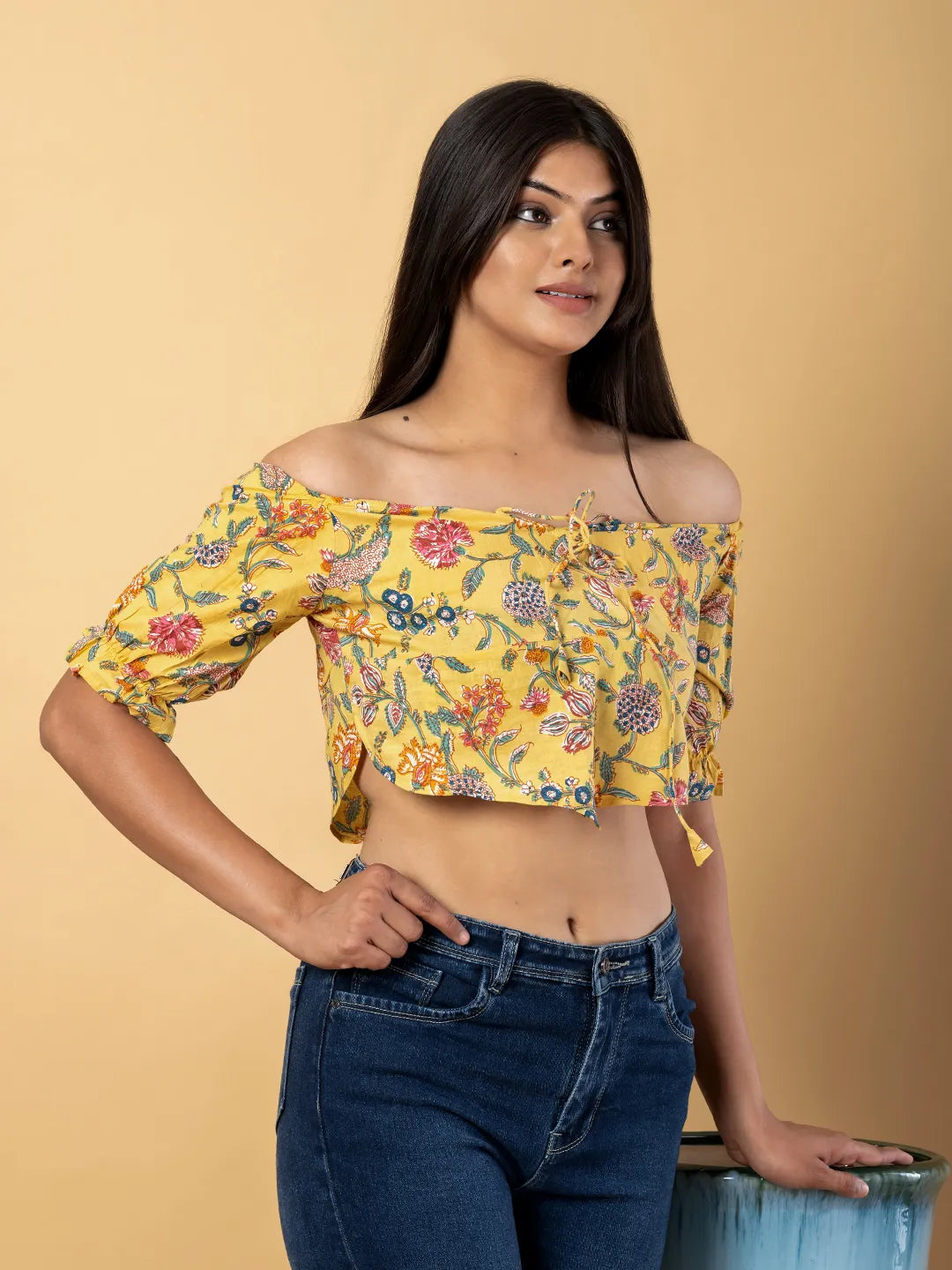 Jaitpuriya Women Mustard Cotton Bardot Top