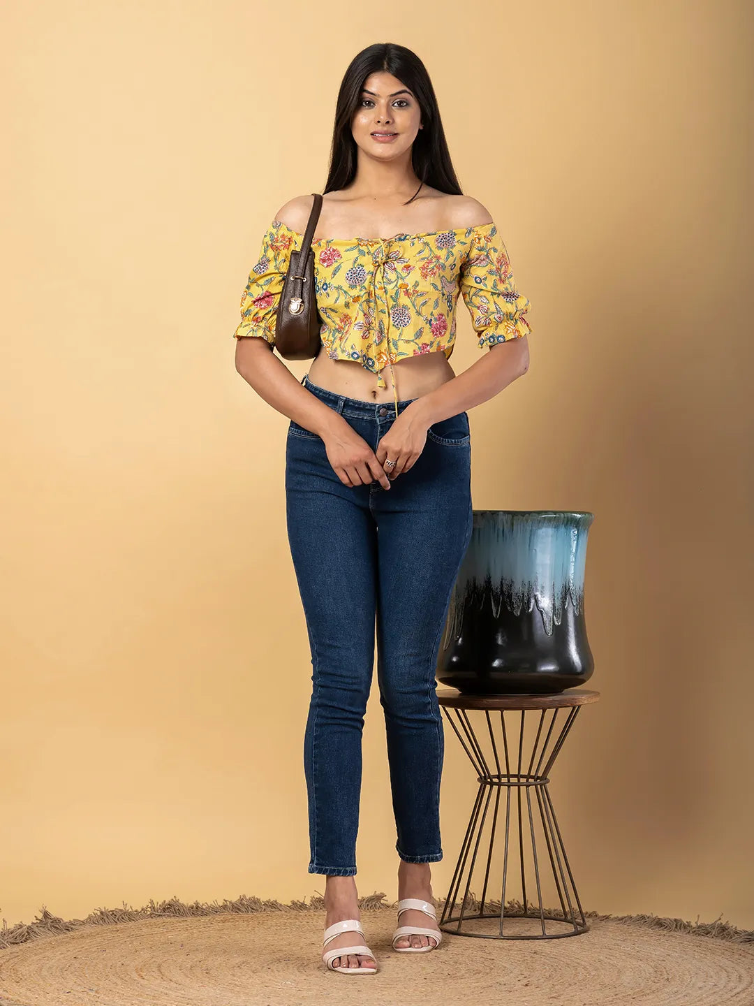 Jaitpuriya Women Mustard Cotton Bardot Top