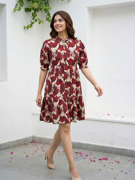 Jaitpuriya Red And Beige Pure Cotton Fit & flare Side Tape Dresses