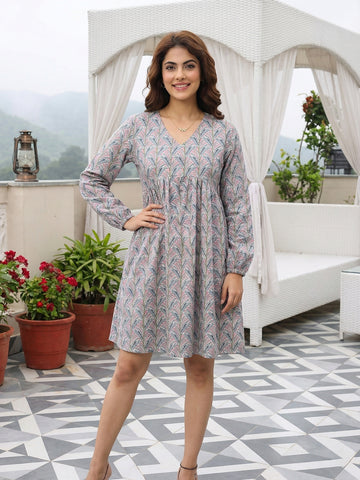 Jaitpuriya Grey And Mauve Pure Cotton Fit & flare Gathered or Pleated Dresses