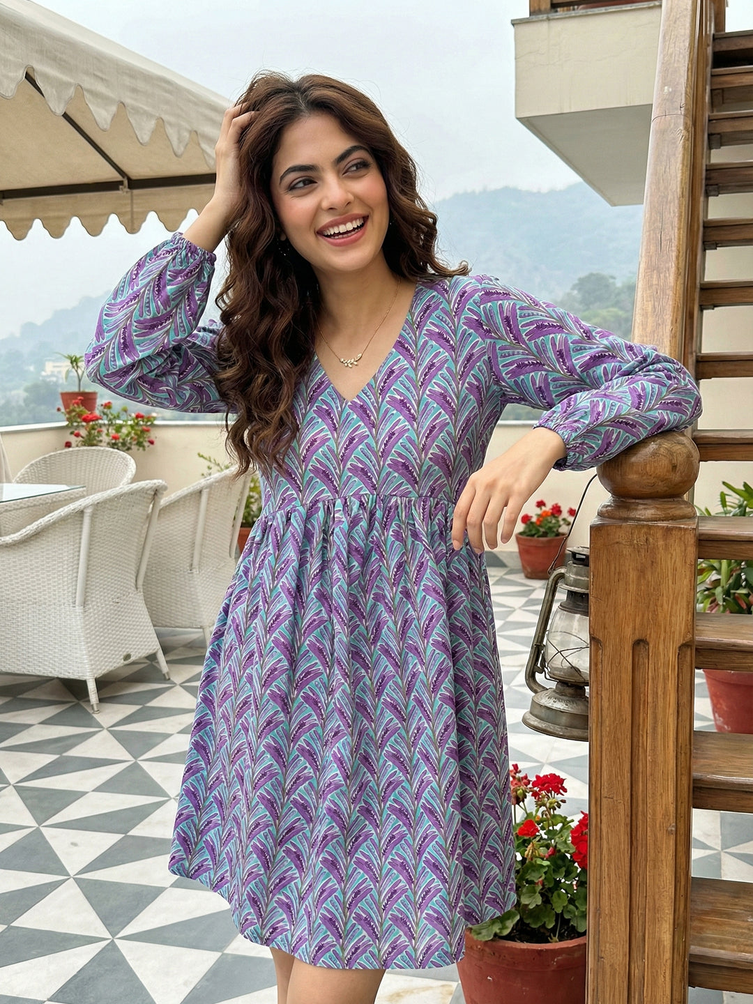 Jaitpuriya Purple And Blue Pure Cotton Fit & flare Gathered or Pleated Dresses