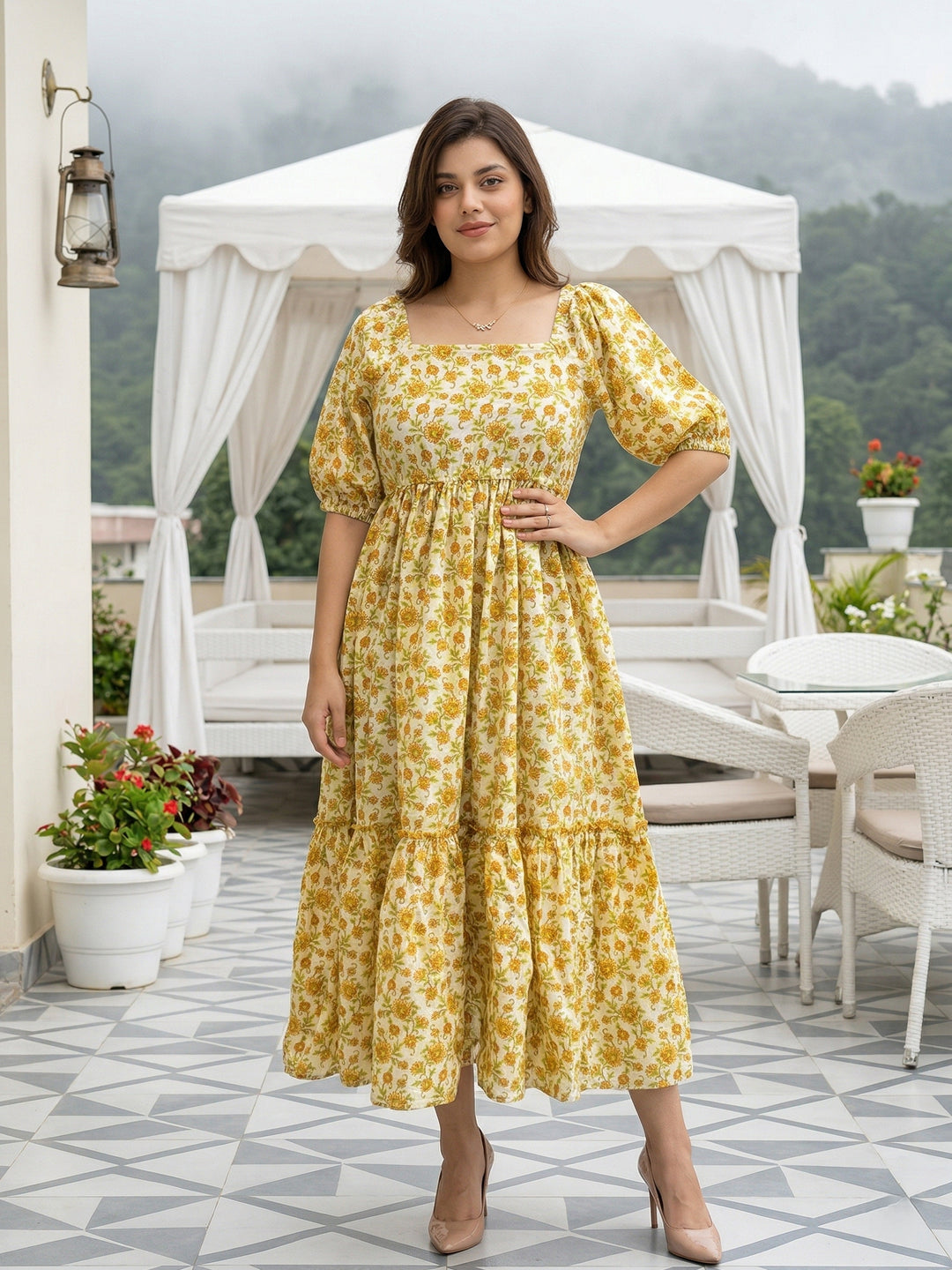 Jaitpuriya Yellow And White Pure Cotton Fit & flare Gathered or Pleated Tierd Dresses