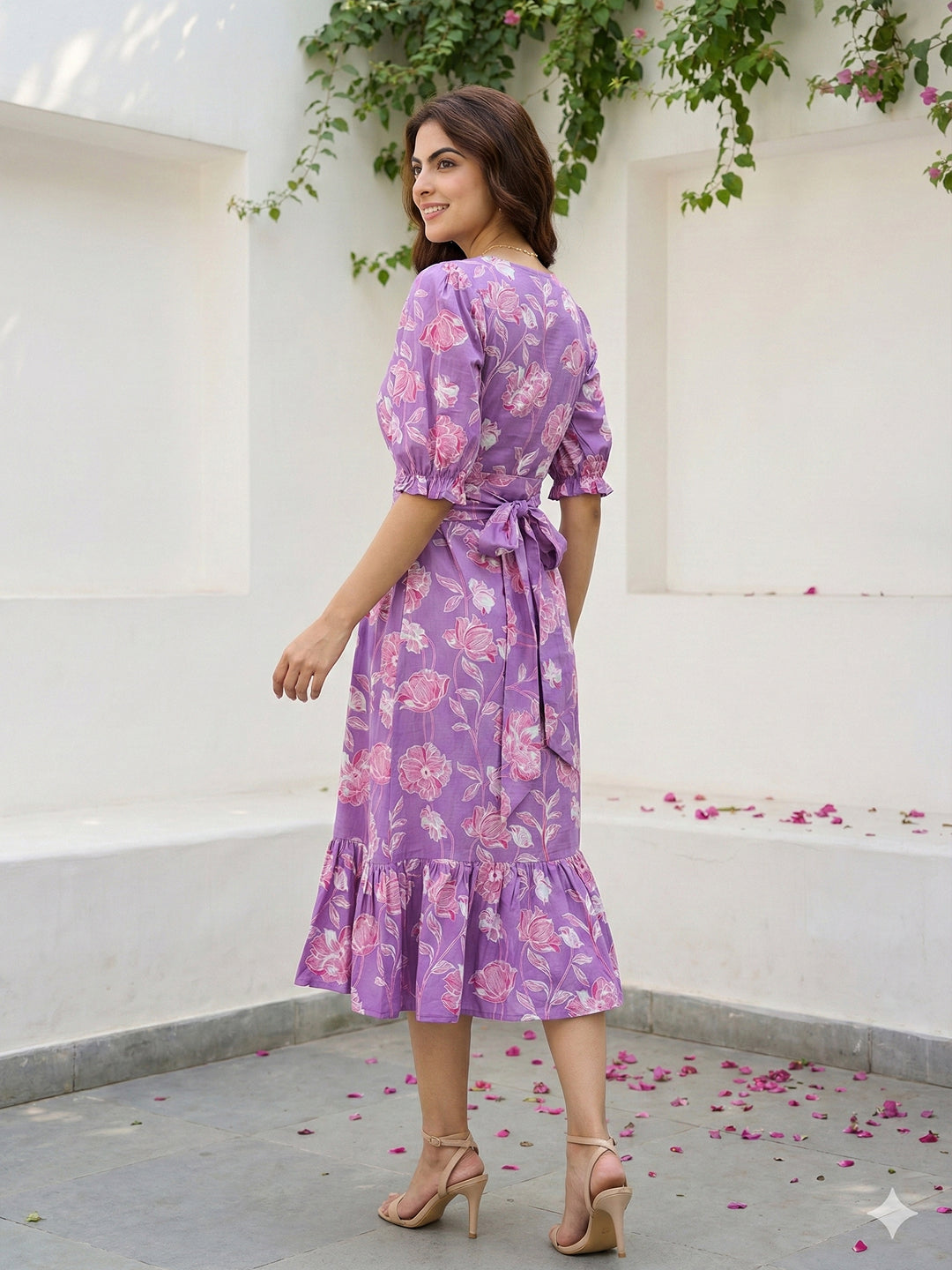 Jaitpuriya Purple Pure Cotton Fit & flare Gathered or Pleated Tierd Dresses